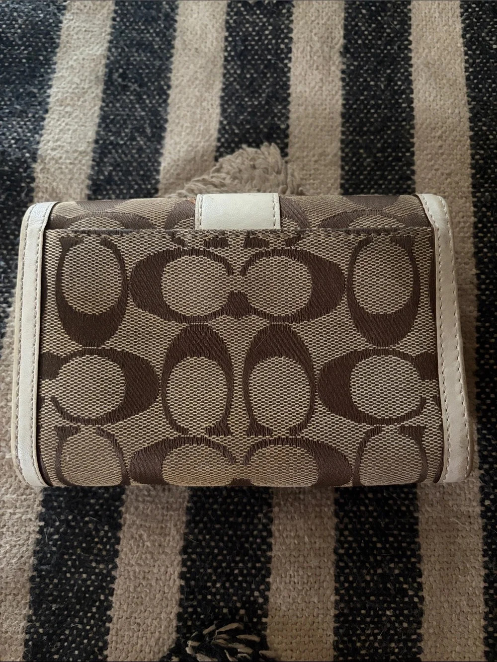 Rare Coach Y2K Signature Striped Flower Canvas Wallet with Orange Floral Accent